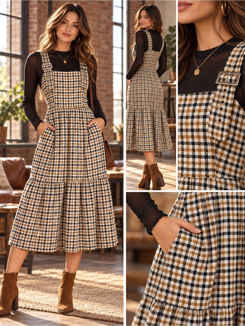 UDEL Houndstooth Overalls Midi Dress in Camel and Black Size Large
